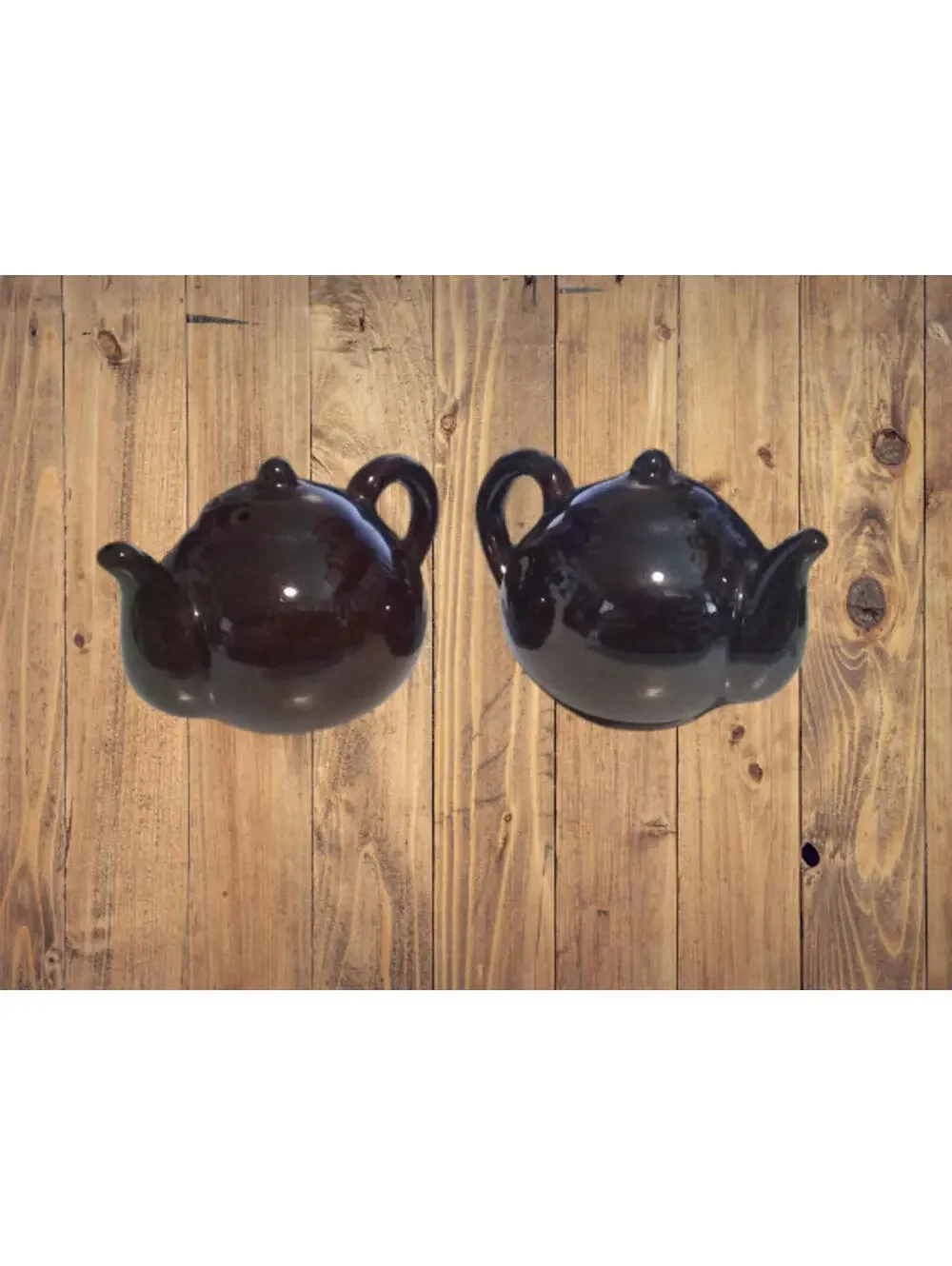 Vintage Glazed Brown Teapot Salt and Pepper Shakers Wooden Cork Japan